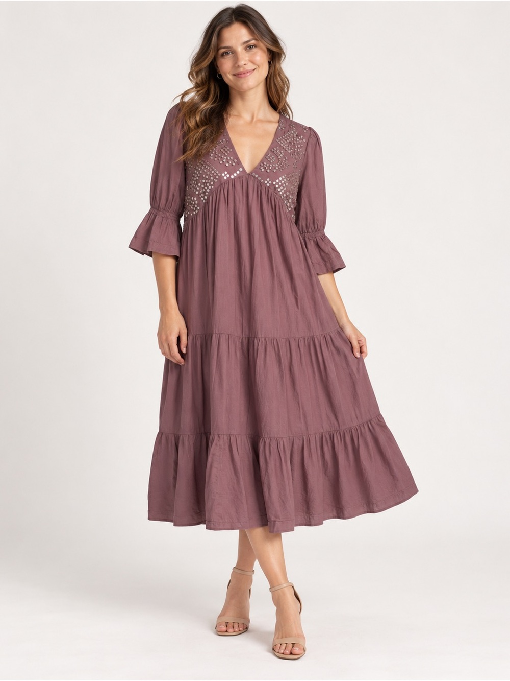 mauve Bombay & Paisley boho tiered dress lovely sequin bead medium s3
